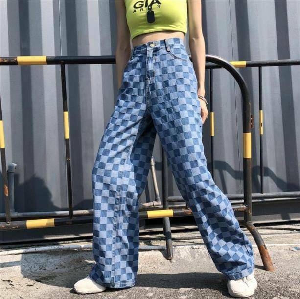 90s Blue Checkered Jeans - Grunge Style Clothing for Aesthetic Outfits