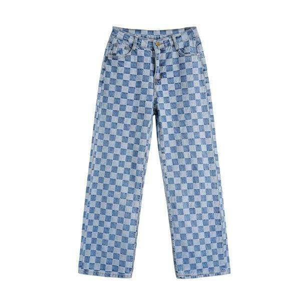 90s Blue Checkered Jeans - Grunge Style Clothing for Aesthetic Outfits