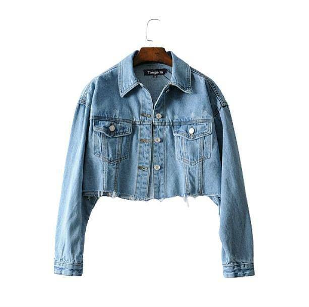 90s Grunge Style Cropped Denim Jacket & Belted Skirt Aesthetic Outfit