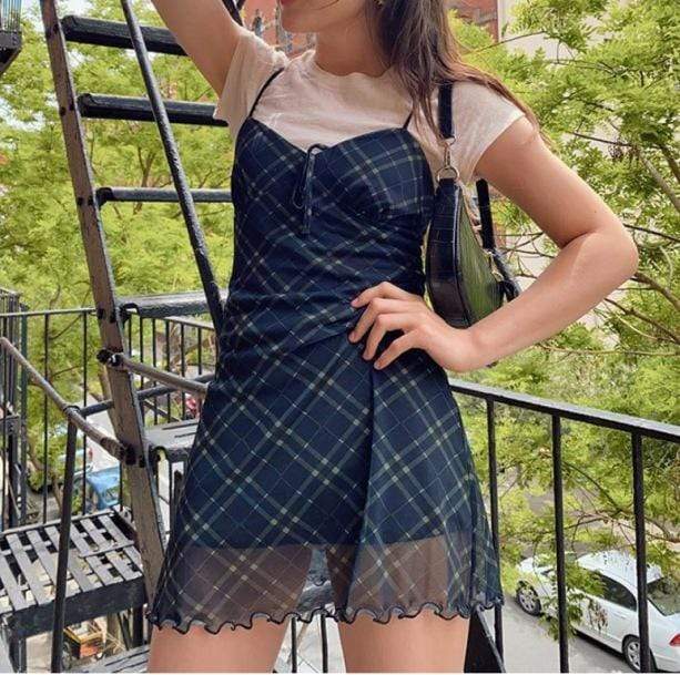 90s Grunge Style Plaid Mini Dress - Aesthetic Vintage Fashion Outfit