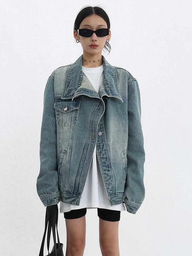 Acubi Grunge Style Asymmetrical Denim Jacket - Aesthetic Streetwear