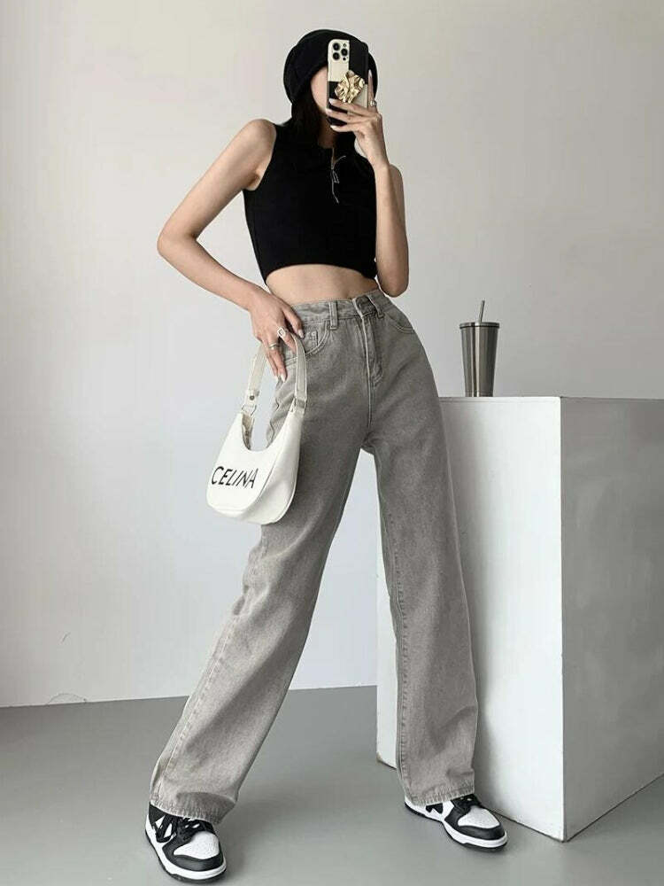 Acubi Grunge Style Clothing: Straight Leg Gray Jeans for Aesthetic Outfits