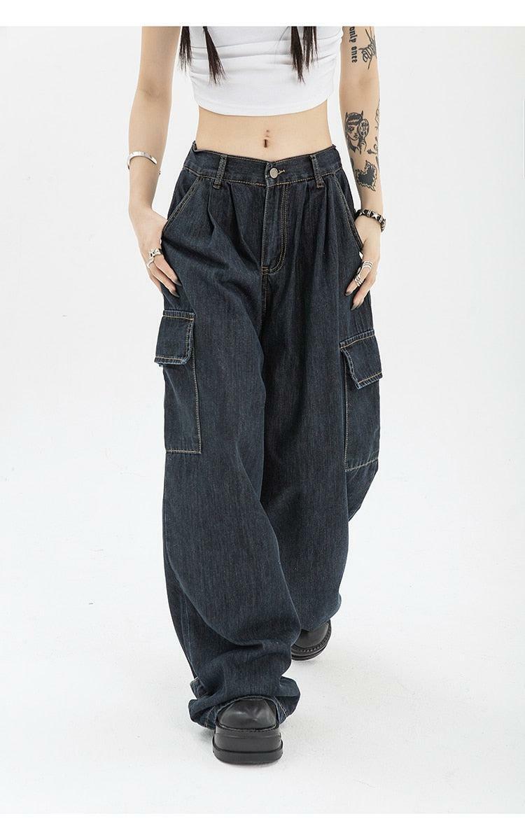 Acubi Grunge Style Dark Wash Cargo Jeans for Aesthetic Outfits