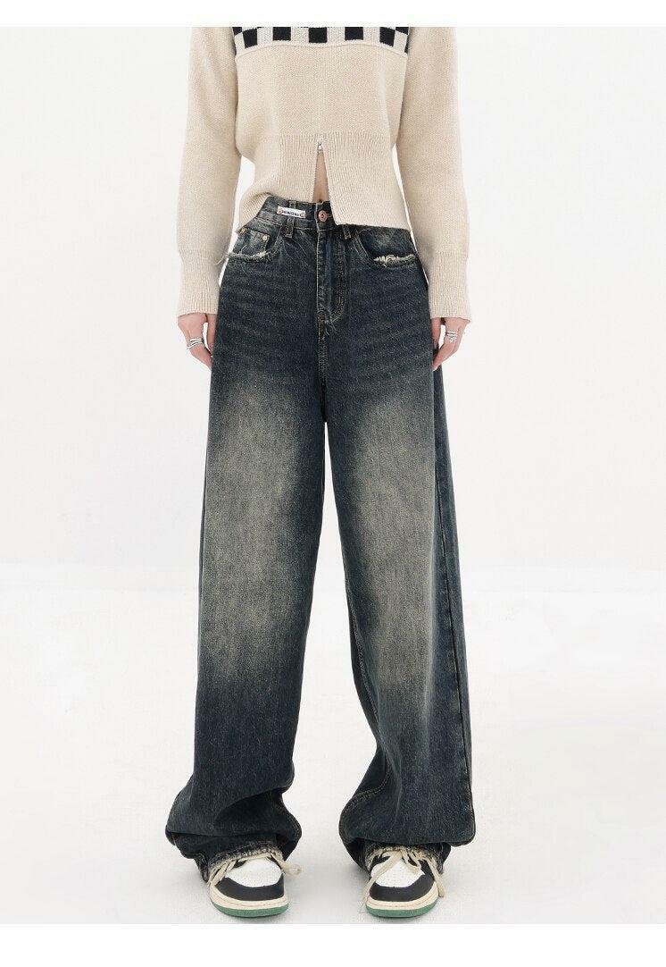 Acubi Wide Leg Dark Jeans: Grunge Style Clothing for Aesthetic Outfits