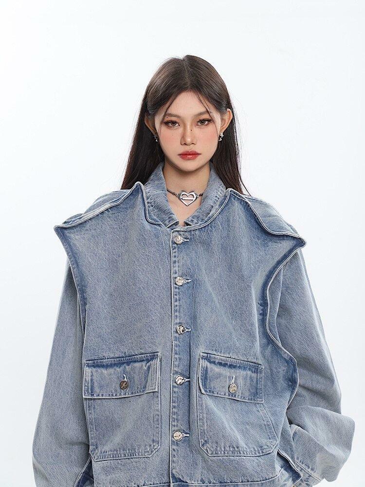 Asymmetric Design Denim Jacket - Grunge Style Clothing & Aesthetic Outfit