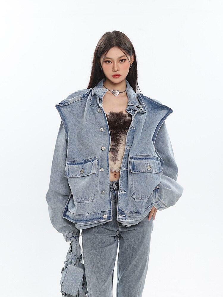 Asymmetric Design Denim Jacket - Grunge Style Clothing & Aesthetic Outfit