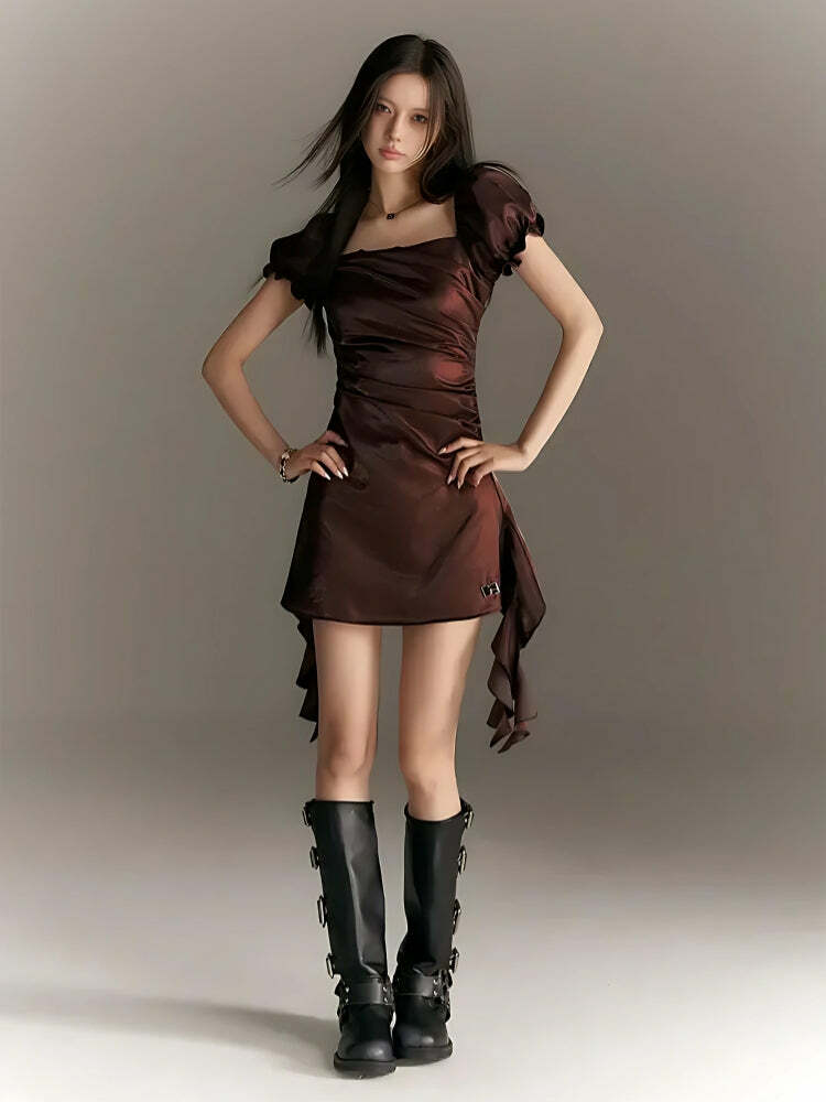 Balloon Sleeve Ruched Mini Dress - Grunge Style Clothing & Aesthetic Outfit