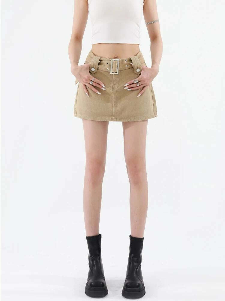 Belted Denim Mini Skirt - Grunge Style Clothing for Aesthetic Outfits