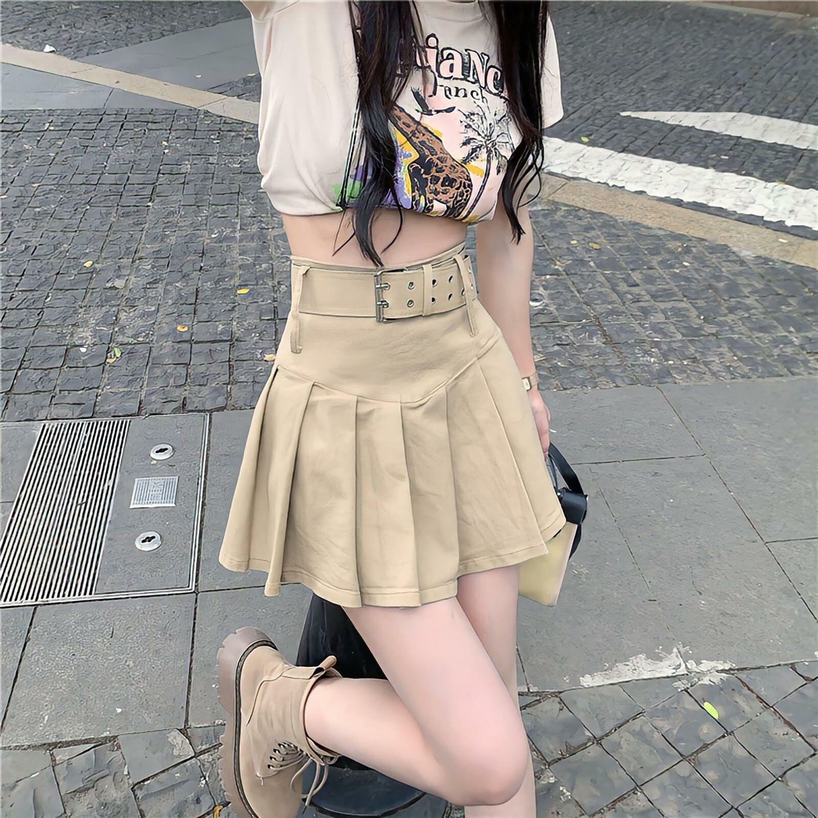 Belted Pleated Mini Skirt - Grunge Style Clothing & Aesthetic Outfit