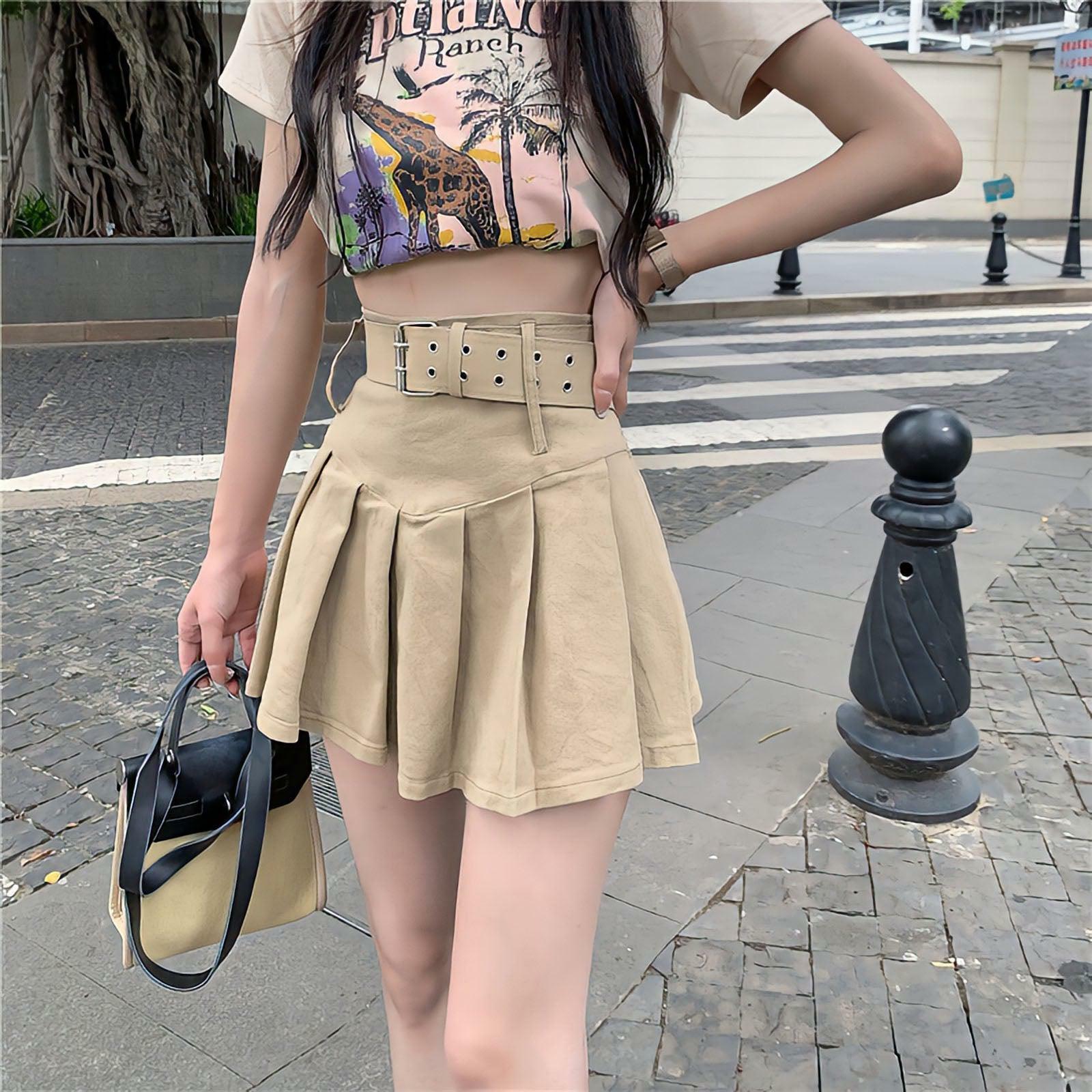 Belted Pleated Mini Skirt - Grunge Style Clothing & Aesthetic Outfit