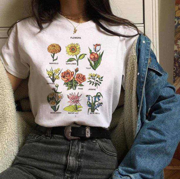 Botanical Wildflower Print T-Shirt - Aesthetic Grunge Style Top