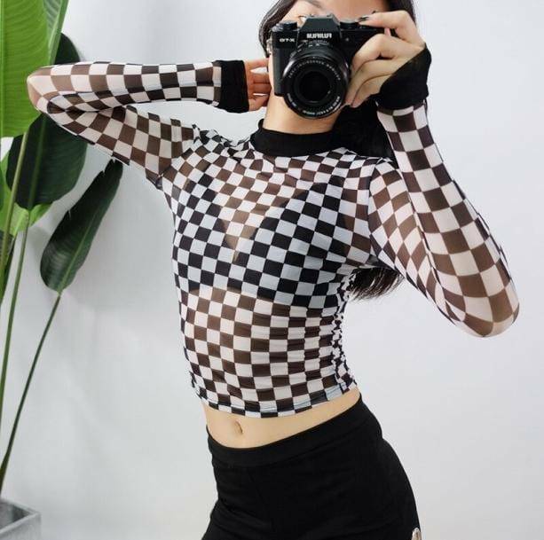 Checkerboard Crop Sweater Vest - Grunge Style Aesthetic Top