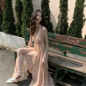 Chic Backless Chiffon Midi Dress - Grunge Style Aesthetic Fashion