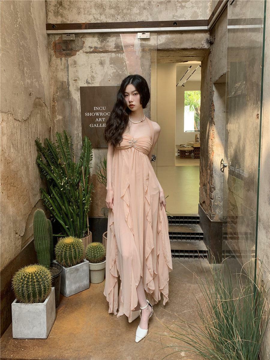 Chic Backless Chiffon Midi Dress - Grunge Style Aesthetic Fashion