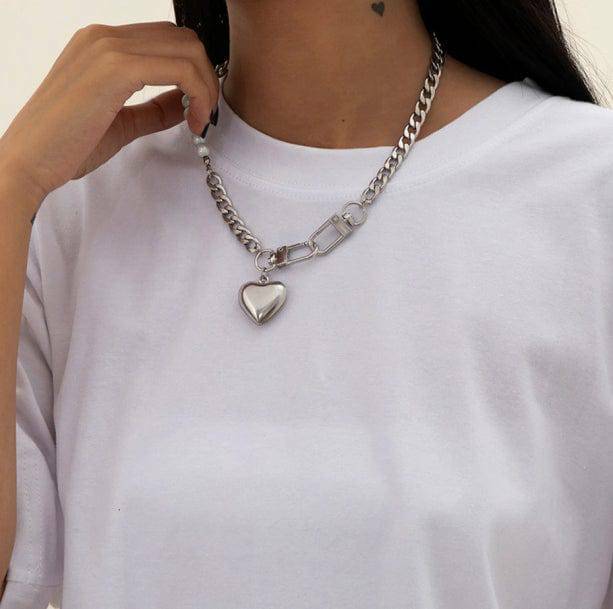 Chunky Heart Necklace - Grunge Style Jewelry for Aesthetic Outfits