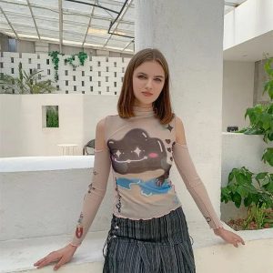 Cloud Monster Mesh Top - Grunge Style Clothing for Aesthetic Outfits