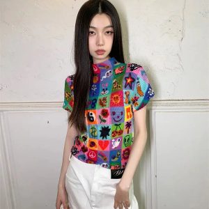 Colorful Sketchbook Pleated Top - Grunge Style Clothing & Aesthetic Outfit