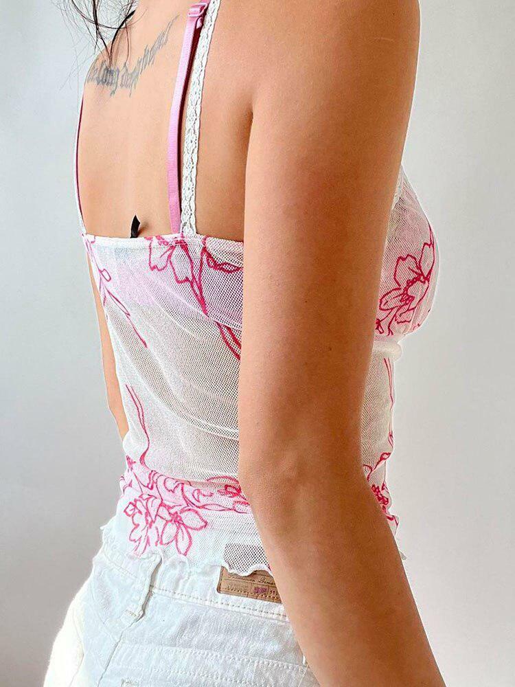 Coquette Floral Mesh Top with Lace Straps - Aesthetic Style Essential