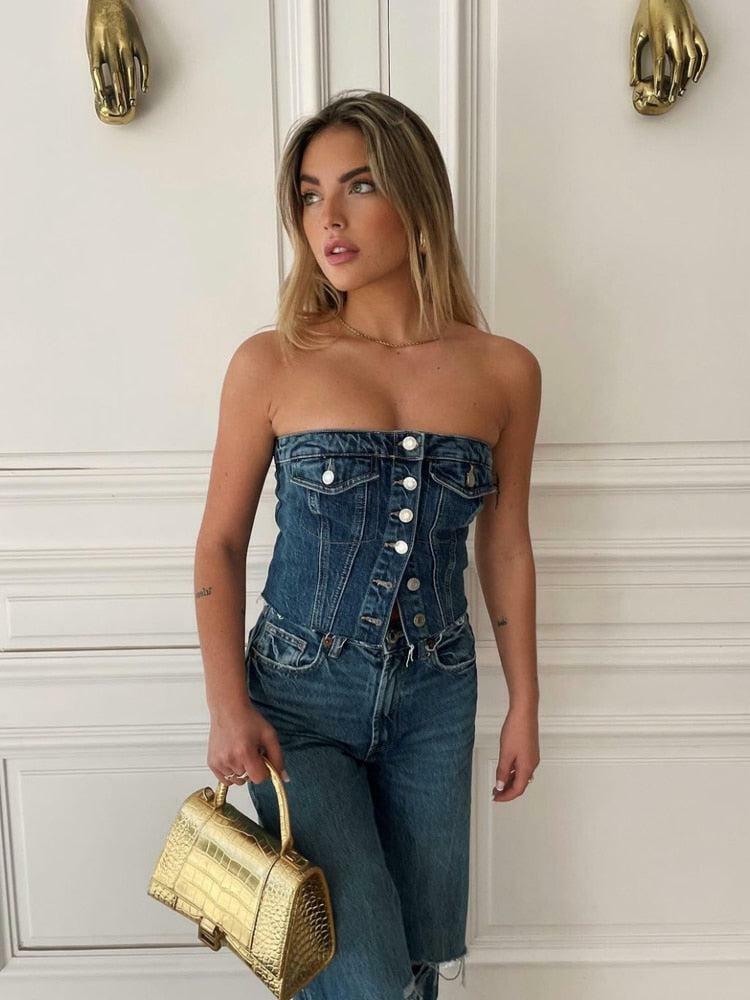 Cowgirl Denim Tube Top - Grunge Style Clothing for Aesthetic Outfits