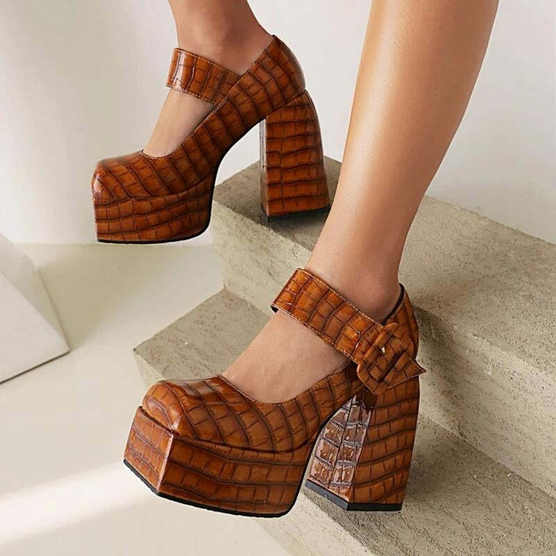 Crocodile Square Toe Platform High Heels for Aesthetic Outfits