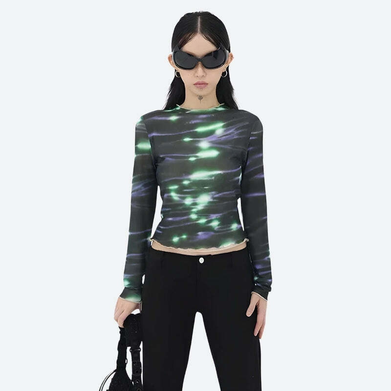 Cyberpunk Green Lights Mesh Top - Grunge Style Aesthetic Clothing