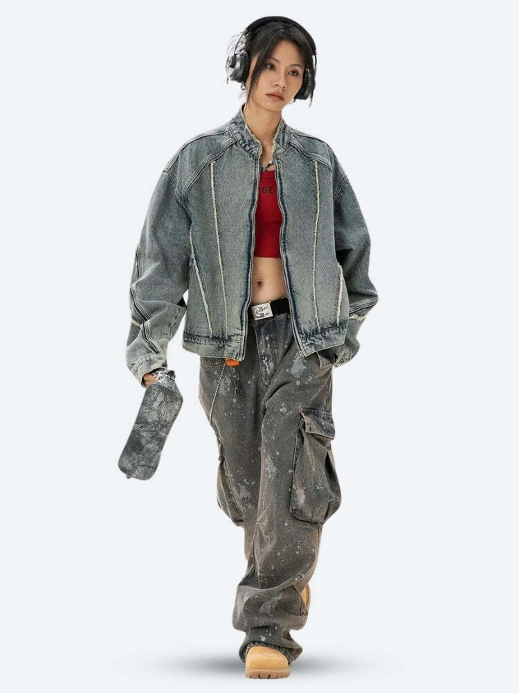 Cyberpunk Grunge Style Zip-Up Denim Jacket with Cropped Sweater Vest