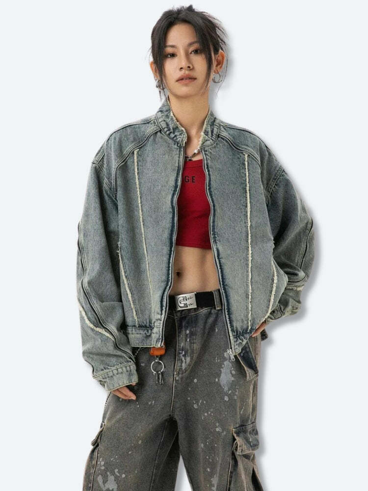 Cyberpunk Grunge Style Zip-Up Denim Jacket with Cropped Sweater Vest