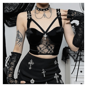 Dark Goth Velvet Crop Top - Grunge Style Clothing for Aesthetic Outfits