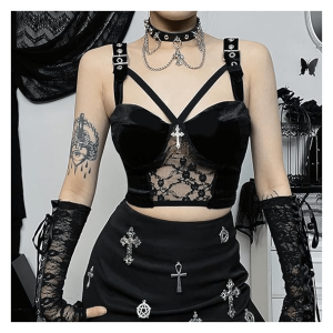 Dark Goth Velvet Crop Top - Grunge Style Clothing for Aesthetic Outfits