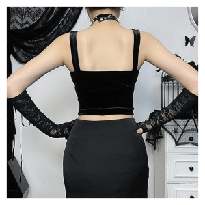 Dark Goth Velvet Crop Top - Grunge Style Clothing for Aesthetic Outfits