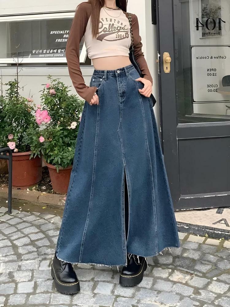 Denim Slit Frayed Hem Maxi Skirt - Grunge Style Clothing Essential