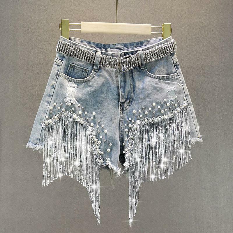 Disco Cowgirl Rhinestone Fringe Denim Shorts for Aesthetic Outfits