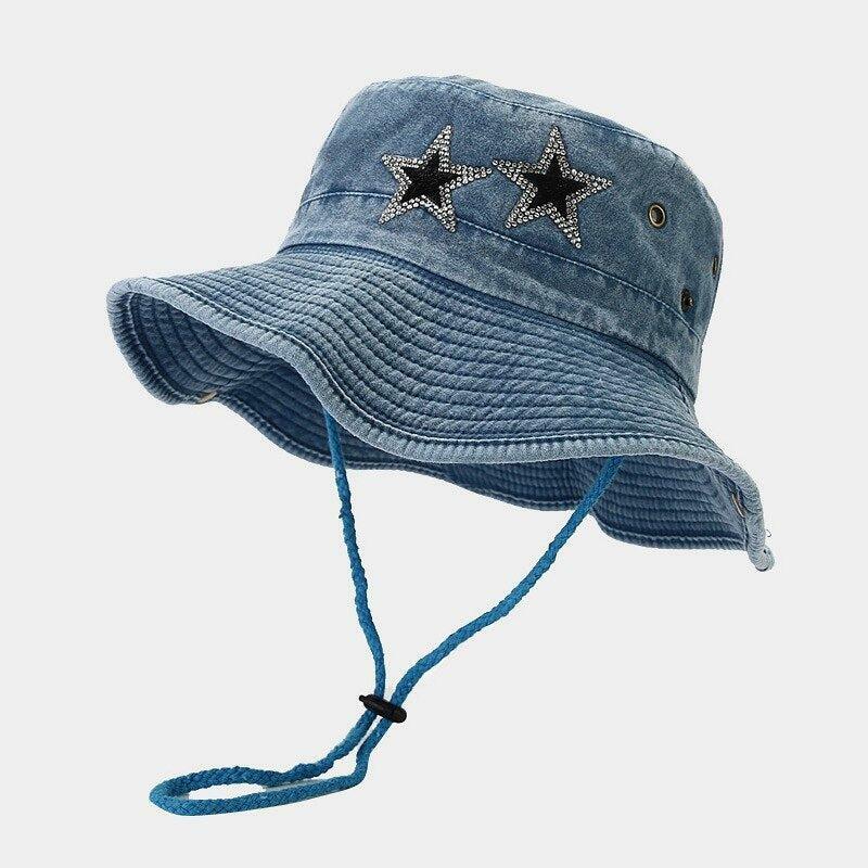 Disco Cowgirl Star-Printed Denim Hat for Aesthetic Outfits