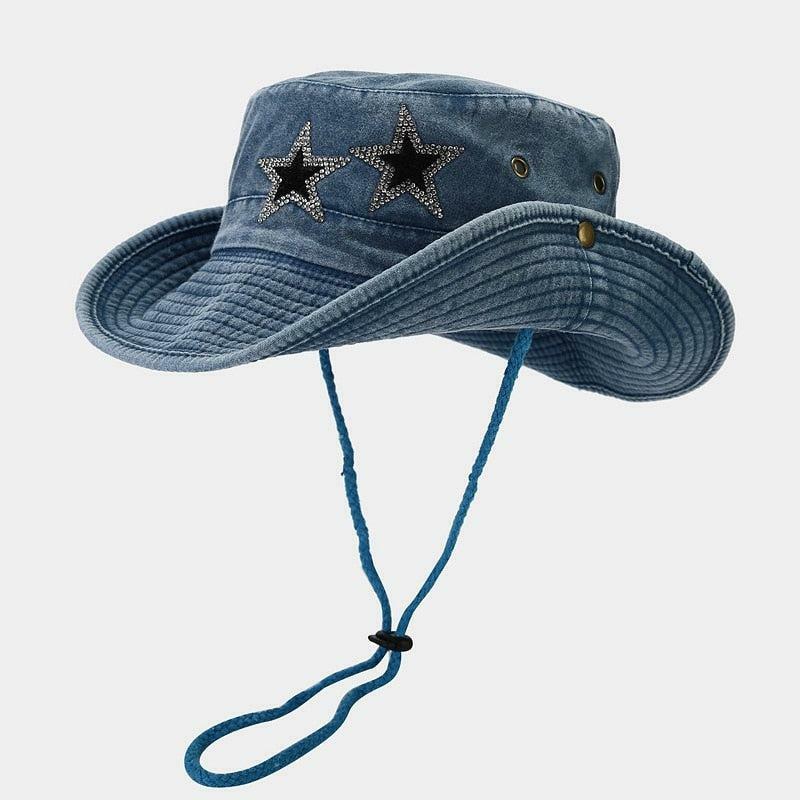 Disco Cowgirl Star-Printed Denim Hat for Aesthetic Outfits