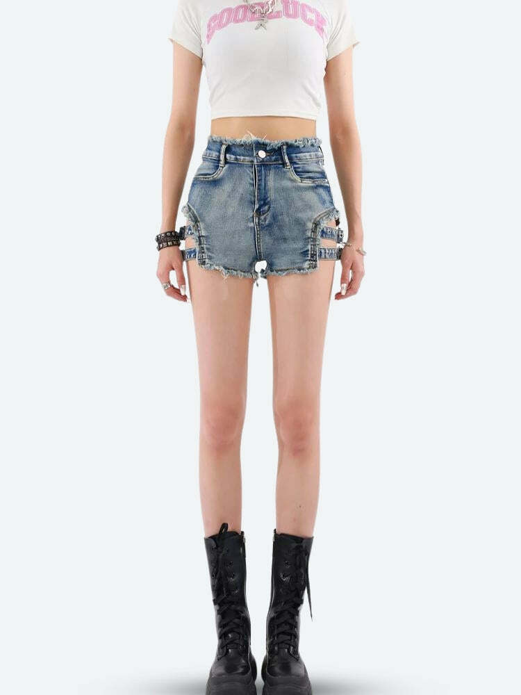 Distressed Cut Out Denim Shorts - Grunge Style Aesthetic Clothing