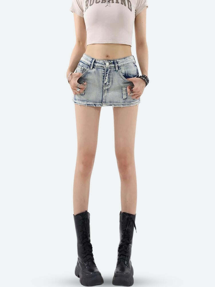 Distressed Low Rise Mini Skirt - Grunge Style Clothing for Aesthetic Outfits