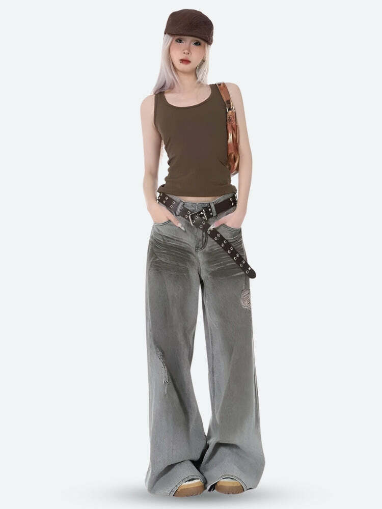 Distressed Wide Leg Jeans for Grunge Style Aesthetic Outfits