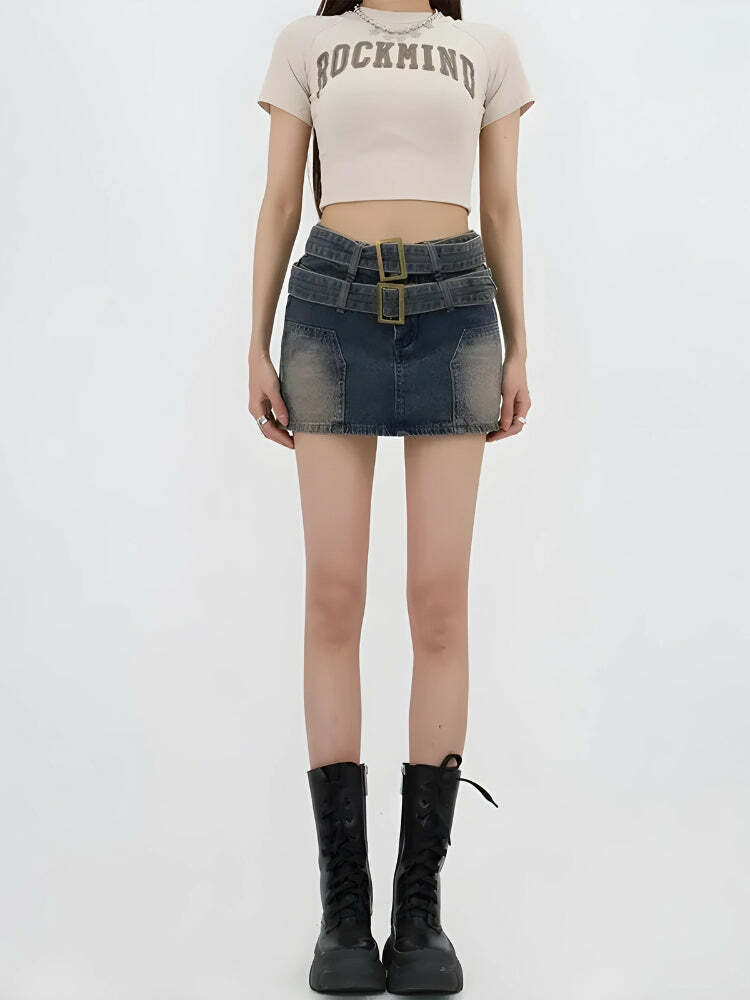 Double Belted Denim Mini Skort - Grunge Style Clothing & Aesthetic Outfit