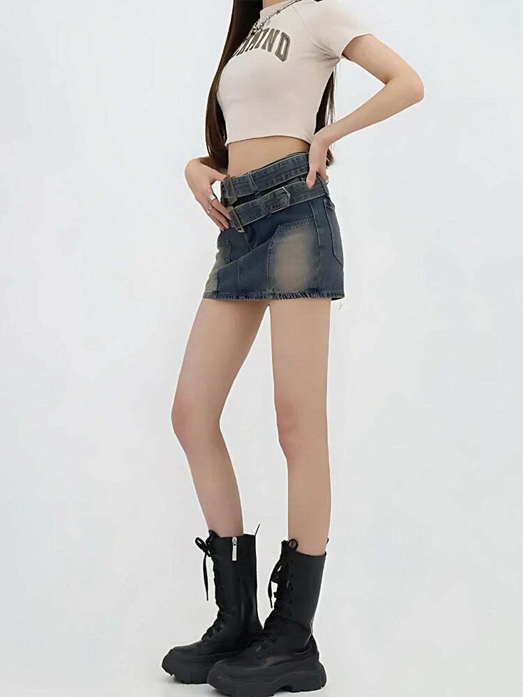 Double Belted Denim Mini Skort - Grunge Style Clothing & Aesthetic Outfit