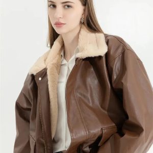 Double-Faced Faux Leather & Fur Jacket for Grunge and Aesthetic Styles