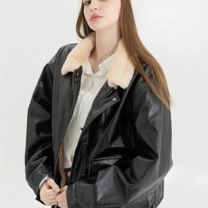 Double-Faced Faux Leather & Fur Jacket for Grunge and Aesthetic Styles