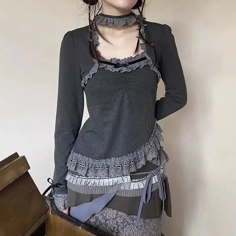 Fairy Grunge Asymmetric Lace Top - Aesthetic Clothing for Unique Styles