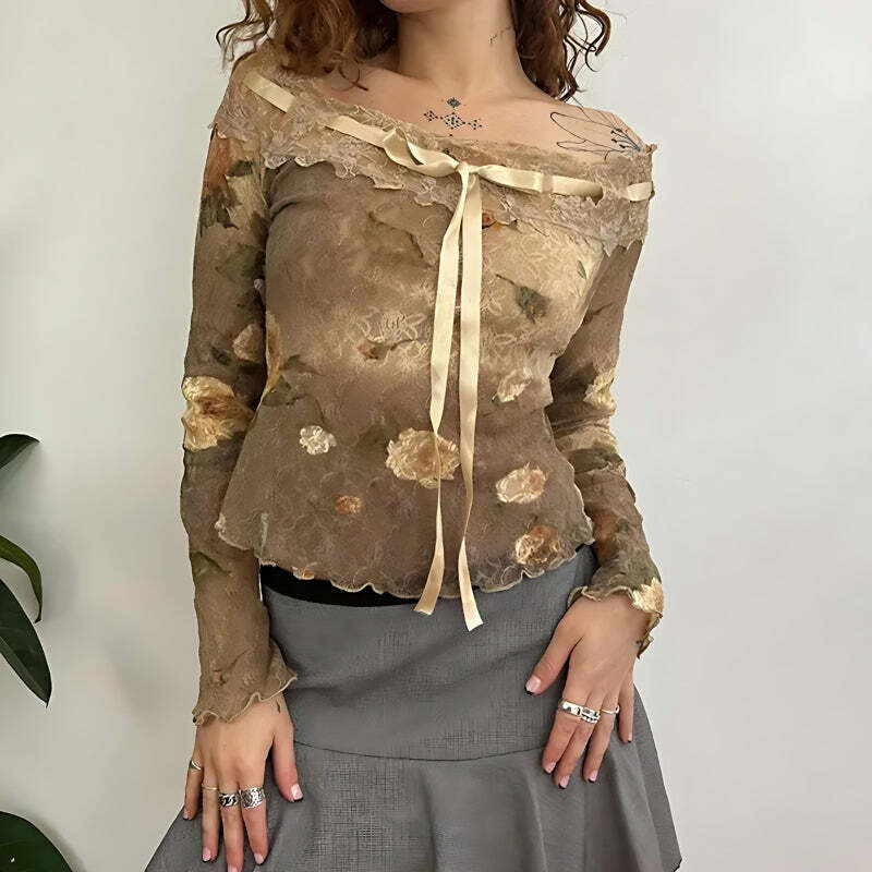 Fairy Grunge Floral Lace Off-Shoulder Top for Aesthetic Outfits