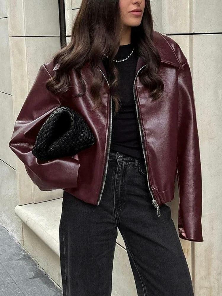 Faux Leather Burgundy Jacket - Grunge Style Clothing & Aesthetic Outfit