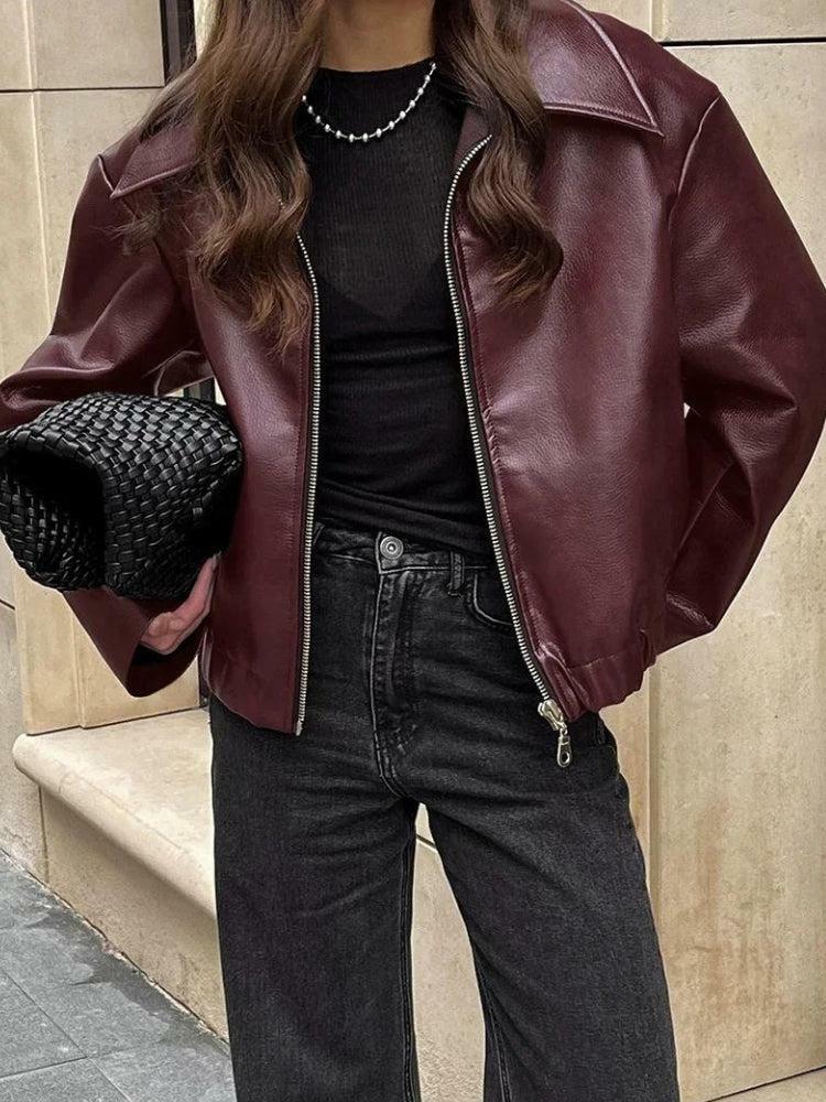 Faux Leather Burgundy Jacket - Grunge Style Clothing & Aesthetic Outfit