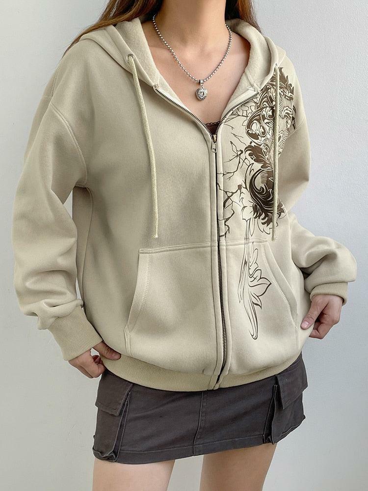 Floral Grunge Zip-Up Hoodie - Aesthetic Soft Girl Style Clothing