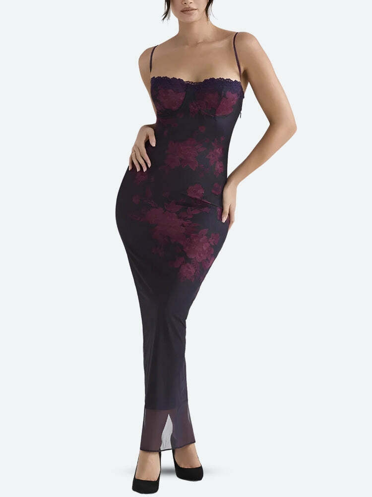 Floral Lace-Up Mesh Maxi Dress - Aesthetic Bodycon Style for Every Occasion