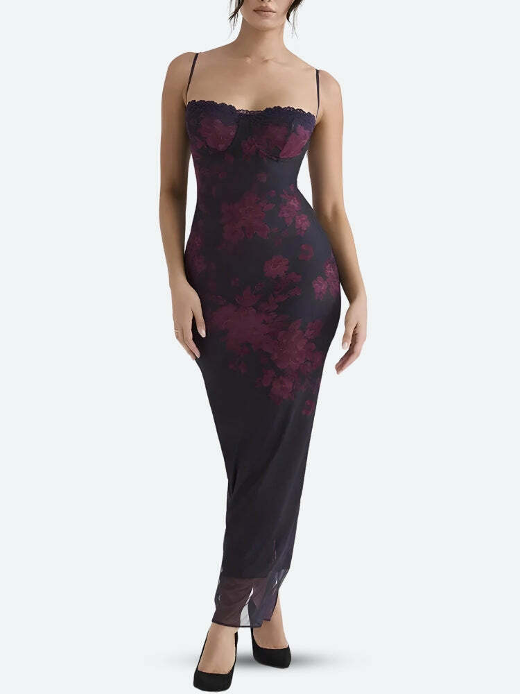 Floral Lace-Up Mesh Maxi Dress - Aesthetic Bodycon Style for Every Occasion