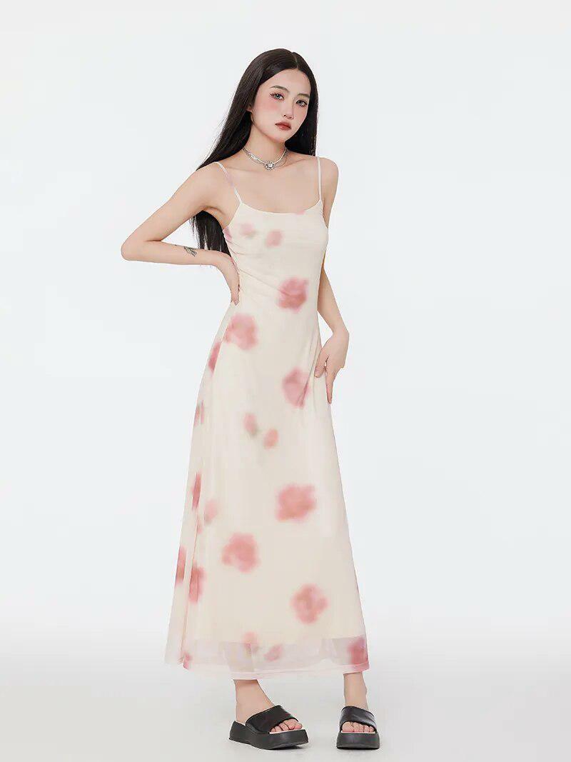 Floral Mesh Spaghetti Strap Maxi Dress - Aesthetic Summer Outfit