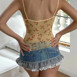 Floral Open Back Mesh Top - Grunge Style Clothing & Aesthetic Outfit